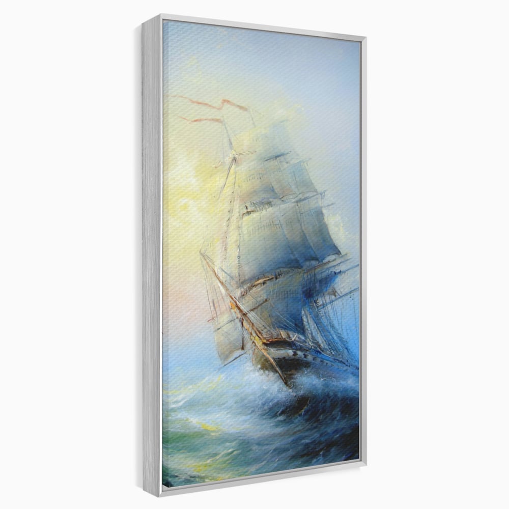 Tablou canvas cu pictura cu vapor pe valuri furtunoase, in rama de aluminiu argintiu